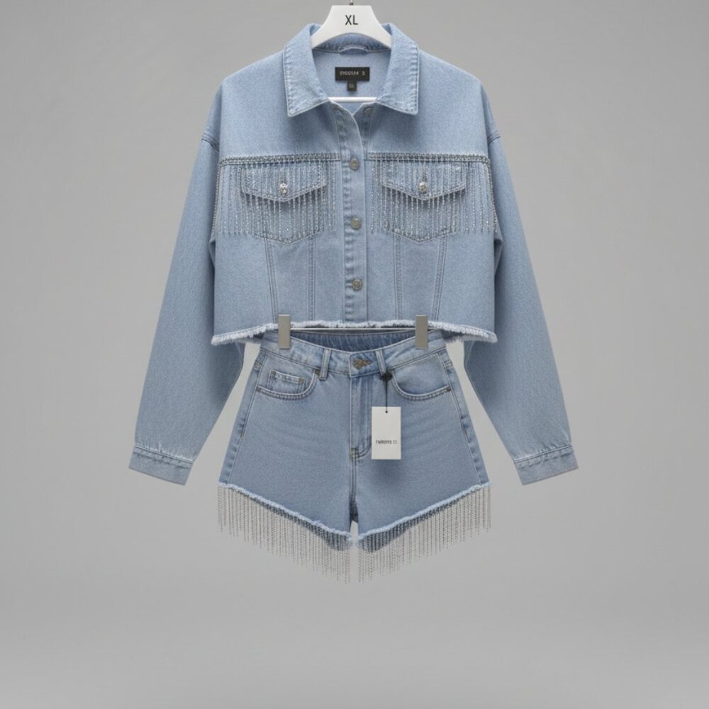 Forever 21 2PC Denim Set XL Cropped Jacket + Fringe Shorts Light Wash Rhinestone